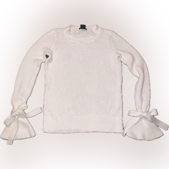 Ann Taylor Cream Ruffle Bell Sleeve Bow Cuff Waffle Knit Crew Neck Sweater Small - Picture 1 of 7